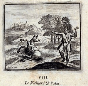 Gubben och åsnan. Fabler av Jean de La Fontaine (1621-95). Illustration av François Chauveau (1613-1676). Upplaga av 1728. av Francois Chauveau