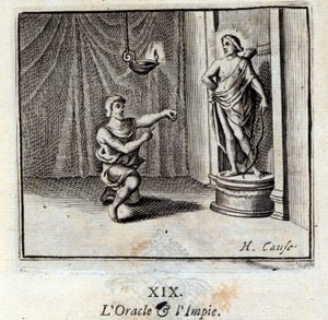 Oraklet och de ogudaktiga. Fabler av Jean de La Fontaine (1621-95). Illustration av Francois Chauveau (1613-1676). Upplaga av 1728. av Francois Chauveau