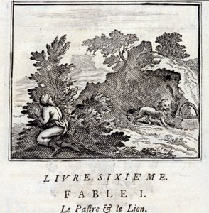 Patra och lejonet. Fabler av Jean de La Fontaine (1621-95). Illustration av François Chauveau (1613-1676). Upplaga från 1728. av Francois Chauveau