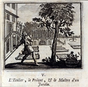 Pedantskolan och en trädgårdsmästare. Fabler av Jean de La Fontaine (1621-95). Illustration av François Chauveau (1613-1676). Upplaga av 1728. av Francois Chauveau