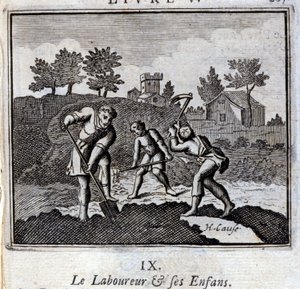 Ploureur och hans barn. Fabler av Jean de La Fontaine (1621-95). Illustration av Francois Chauveau (1613-1676). Upplaga av 1728. av Francois Chauveau