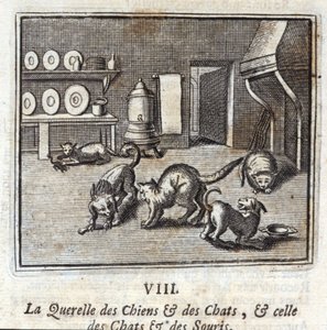 Querelle för hundar och katter och Querelle för katter och möss. Fabler av Jean de La Fontaine (1621-95). Illustrationer av François Chauveau (1613-1676). Upplaga från 1728. av Francois Chauveau