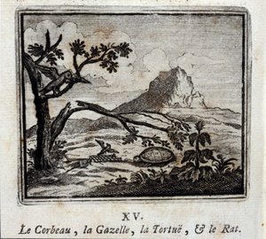 Korpen, Gasellen, Sköldpaddan och Råttan. Fabler av Jean de La Fontaine (1621-95). Illustration av François Chauveau (1613-1676). Upplaga av 1728.