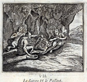 Satyren och passageraren. Fabler av Jean de La Fontaine (1621-95). Illustration av François Chauveau (1613-1676). Upplaga av 1728. av Francois Chauveau