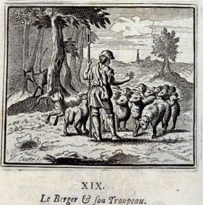 Herden och hans flock. Fabler av Jean de La Fontaine (1621-95). Illustration av François Chauveau (1613-1676). Upplaga av 1728. av Francois Chauveau