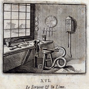The Snake and the Lime.Fables av Jean de La Fontaine (1621-95). Illustration av Francois Chauveau (1613-1676). Upplaga av 1728. av Francois Chauveau
