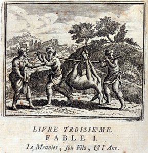 Sucker hans son och åsnan. Fabler av Jean de La Fontaine (1621-95). Illustration av François Chauveau (1613-1676). Upplaga av 1728.