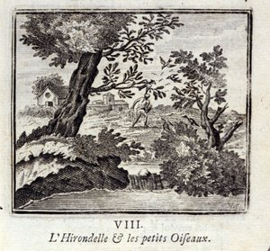 Svalan och småfåglarna. Fabler av Jean de La Fontaine (1621-95). Illustration av François Chauveau (1613-1676). Upplaga av 1728. av Francois Chauveau
