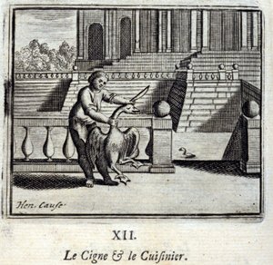 Svanen och kocken. Fabler av Jean de La Fontaine (1621-95). Illustration av Francois Chauveau (1613-1676). Upplaga av 1728. av Francois Chauveau