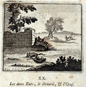 De två råttorna, räven och ägget. Fabler av Jean de La Fontaine (1621-95). Illustration av François Chauveau (1613-1676). Upplaga av 1728.
