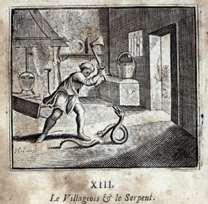 Byborna och ormen. Fabler av Jean de La Fontaine (1621-95). Illustration av François Chauveau (1613-1676). Upplaga av 1728. av Francois Chauveau
