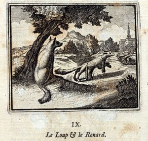 Vargen och räven. Fabler av Jean de La Fontaine (1621-95). Illustration av François Chauveau (1613-1676). Upplaga av 1728. av Francois Chauveau