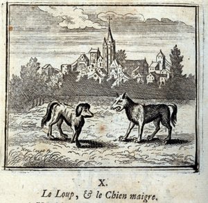 Vargen och den magra hunden. Fabler av Jean de La Fontaine (1621-95). Illustration av François Chauveau (1613-1676). Upplaga av 1728.