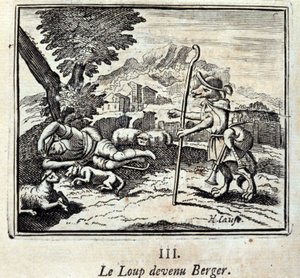 Vargen blev Berger.Fables av Jean de La Fontaine (1621-95). Illustration av François Chauveau (1613-1676). Upplaga av 1728. av Francois Chauveau