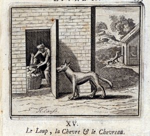 Vargen, geten och geten. Fabler av Jean de La Fontaine (1621-95). Illustration av François Chauveau (1613-1676). Upplaga av 1728.