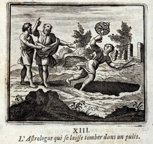 Astrologen som faller ner i en brunn. Fabler av Jean de La Fontaine (1621-95). Illustration av François Chauveau (1613-1676). Upplaga av 1728. av Francois Chauveau