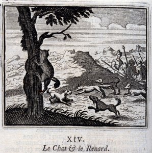 Katten och räven. Fabler av Jean de La Fontaine (1621-95). Illustration av François Chauveau (1613-1676). Upplaga av 1728. av Francois Chauveau
