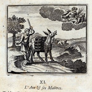 Åsnan och hans herrar. Fabler av Jean de La Fontaine (1621-95). Illustration av François Chauveau (1613-1676). Upplaga av 1728. av Francois Chauveau