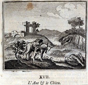 Åsnan och hunden. Fabler av Jean de La Fontaine (1621-95). Illustration av François Chauveau (1613-1676). Upplaga av 1728.