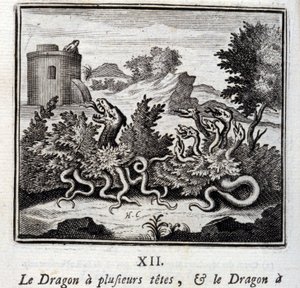 Draken har flera huvuden och draken har flera svansar. Fabler av Jean de La Fontaine (1621-95). Illustration av François Chauveau (1613-1676). Upplaga av 1728. av Francois Chauveau