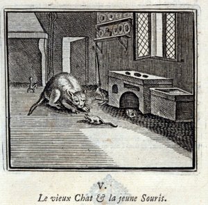 Den gamla katten och den unga musen. Fabler av Jean de La Fontaine (1621-95). Illustration av François Chauveau (1613-1676). Upplaga av 1728.