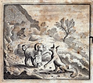 Det sjuka lejonet och räven. Fabler av Jean de La Fontaine (1621-95). Illustration av François Chauveau (1613-1676). Upplaga av 1728. av Francois Chauveau
