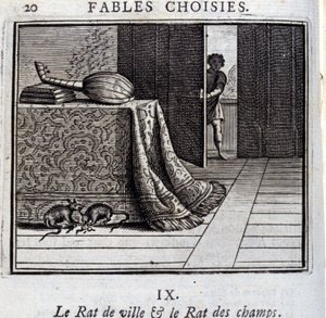 Stadsråttan och åkerråttan. Fabler av Jean de La Fontaine (1621-95). Illustration av François Chauveau (1613-1676). Upplaga av 1728. av Francois Chauveau