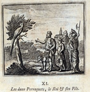 De två papegojorna kungen och hans son. Fabler av Jean de La Fontaine (1621-95). Illustration av François Chauveau (1613-1676). Upplaga av 1728. av Francois Chauveau