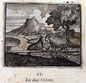 De två getterna. Fabler av Jean de La Fontaine (1621-95). Illustration av François Chauveau (1613-1676). Upplaga av 1728.