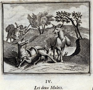 De två mulorna. Fabler av Jean de La Fontaine (1621-95). Illustration av Francois Chauveau (1613-1676). Upplaga av 1728. av Francois Chauveau