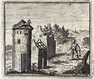 De två duvorna. Fabler av Jean de La Fontaine (1621-95). Illustration av Francois Chauveau (1613-1676). Upplaga av 1728. av Francois Chauveau
