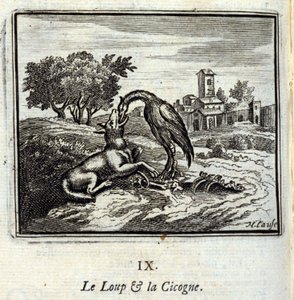 Vargen och storken. Fabler av Jean de La Fontaine (1621-95). Illustration av François Chauveau (1613-1676). Upplaga av 1728. av Francois Chauveau