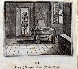 Tesauriserare och apa. Fabler av Jean de La Fontaine (1621-95). Illustration av Francois Chauveau (1613-1676). Upplaga av 1728. av Francois Chauveau