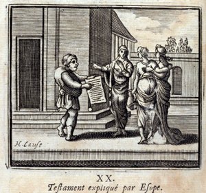 Will förklaras av Aesop. Fabler av Jean de La Fontaine (1621-95). Illustration av Francois Chauveau (1613-1676). Upplaga av 1728. av Francois Chauveau