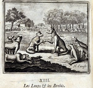 Vargar och får. Fabler av Jean de La Fontaine (1621-95). Illustration av Francois Chauveau (1613-1676). Upplaga av 1728. av Francois Chauveau