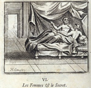 Kvinnor och hemlighet. Fabler av Jean de La Fontaine (1621-95). Illustration av Francois Chauveau (1613-1676). Upplaga av 1728. av Francois Chauveau