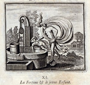 förmögenheten och det lilla barnet. Fabler av Jean de La Fontaine (1621-95). Illustration av François Chauveau (1613-1676). Upplaga av 1728.