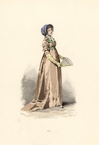 Kvinna i hasselnötsfärgad klänning, fichu-chemise och blå hatt.
