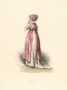 Kvinna i vit klänning och corsage med grön kant, rosa förkläde. av Francois Claudius (after) Compte Calix