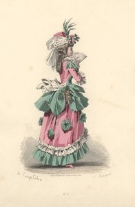 Fashionabla kvinna i klänning med rosetter, era av Marie Antoinette
