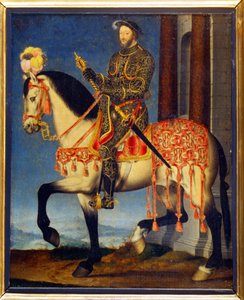 Porträtt av Francois I till häst av François Clouet (ca 1510 - 1572). Musee des Uffizi, Florens - Ridsporträtt av Frans I av Frankrike (olja på panel)