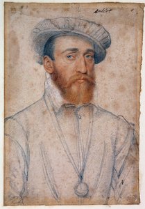 Porträtt av Francois de Coligny, herre över Andelot (1521 - 1569). Att rita ett blod och en svart sten av Clouet Francois (1515-1572) av François Clouet