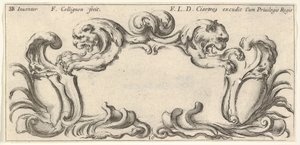 Plåt 10: en kartusch med två lejons huvuden i profil till vänster och höger i t..., ca. 1640-45.
