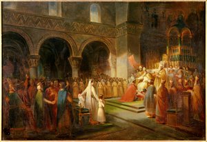 Sacred Pepin the Brief av påven Stephen II i klostret Saint Denis den 28 juli 754. Målning av Dubois Francois (1790-1871). 1837, 0,62 x 0,91 m. Versailles, Chateaux de Versailles et de Trianon - Sacre of Pepin the Short av påven Stefan II vid Ab
