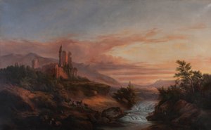 Ruinerna av ett slott i en dal i Alperna (Beauvoir-en-Royans) c.1830 (Olja på duk)