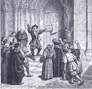 Robert Aske anbringar sin proklamation på dörren till York Minster, från Cassells History of the British People publicerad av Waverley Book Company, ca 1950-talet (litho)