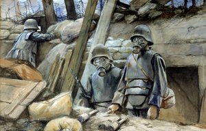 Första världskriget: "" Tyska soldater med skyttegravsrustning och gasmask, augusti 1917 "" Akvarellmålning av Francois Flameng (1856-1923) Sön. 0,3x0,48 m Paris, Musee de l