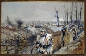 Första världskriget: "" Utsikt över Souchez (i Artois), en skyttegrav den 18/12/1915"" Akvarellmålning av Francois Flameng (1856-1923) December 1915 Sön. 0,3x0,48 m Paris, musee de l