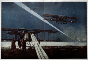Första världskriget: "" avgår från en skvadron "" Grannar" för en nattbombning 1918"" Akvarellmålning av Francois Flameng (1856-1923) 1918 Privat samling av Francois Flameng