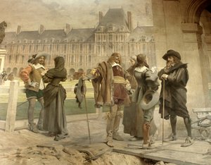 Pascal med Desargues presenterar för Descartes sina erfarenheter om luftens gravitation: den unga matematikern Blaise Pascal (1623-1662) och Girard Desargues (1591-1661) diskuterar sin teori om atmosfärstryck med Rene Descartes (1596-1650)